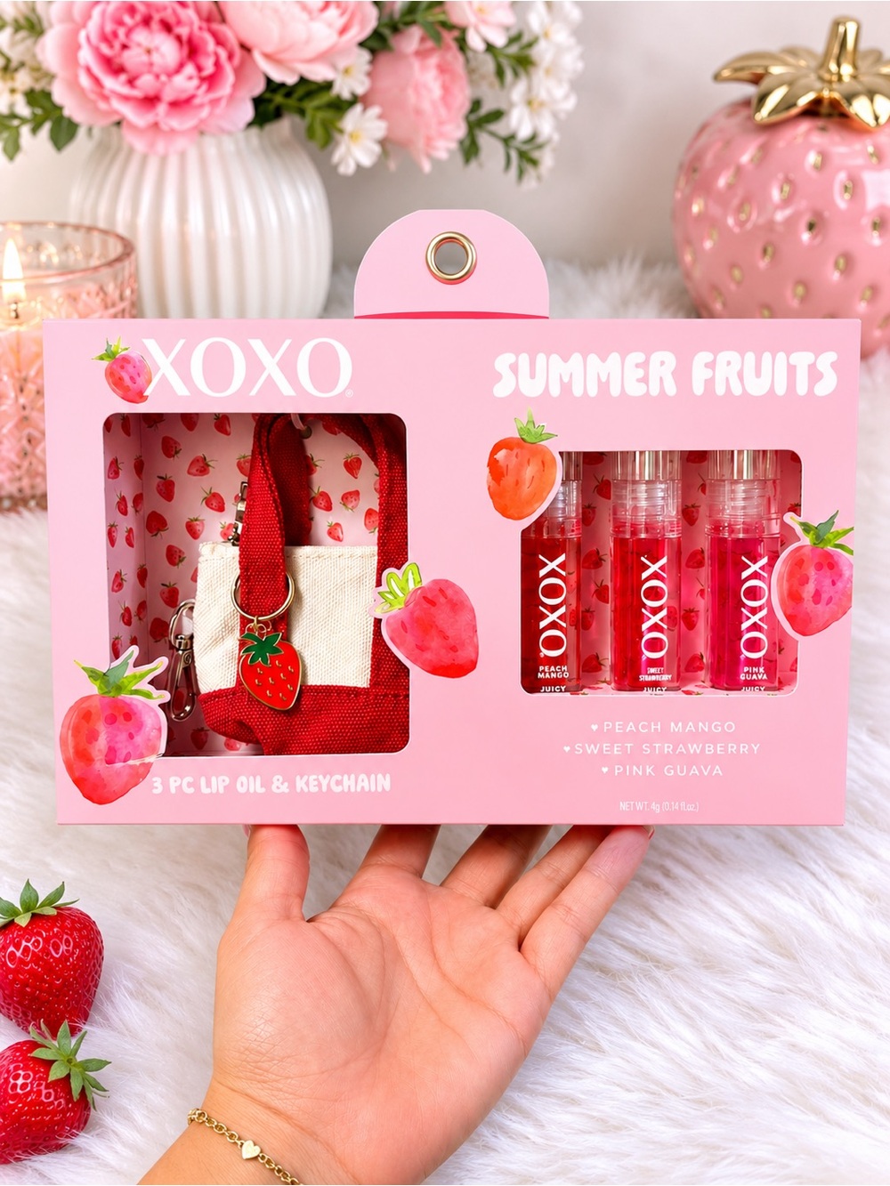 XOXO Summer Fruits 3 Pc Lip Oil Set & Strawberry Keychain Gift Set NWT